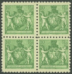 1921, 10 Rp. dunkelgelblichgrün, gezähnt L 9½, im Viererblock, ...