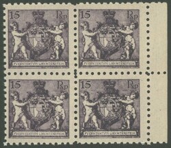 1921, 15 Rp. schwarzgrauviolett, gezähnt L 9½, im Viererblock, ...