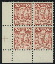 1926, 20 Rp. dunkelzinnoberrot im linken unteren Eckrandviererblock, ...