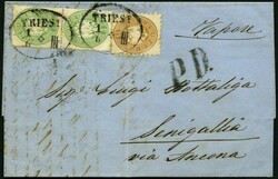 Mischfrankatur: 1863, 3 Kr. grün im senkrechten Paar und 15 Kr. ...