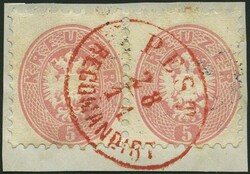 1863, 5 Kr. rosa im waagerechten Paar mit zentrischem ovalen roten ...