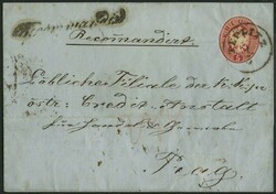 1865, 5 Kr. rot Ganzsachenausschnitt (oval geschnitten) und ...