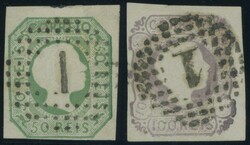 1855, 50 R. gelbgrün und 100 R. lila, Nummernstempel "1", 2 ...