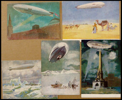 5 verschiedene alte farbige russische Luftschiff-Ansichtskarten, ...