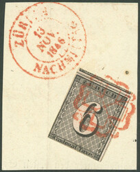 1846, 6 Rp. schwarz mit roter Züricher Rosette und Nebenstempel, ...