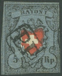 1850, 5 Rp. schwarz/zinnoberrot auf blau, ohne Kreuzeinfassung, R1 "P ...