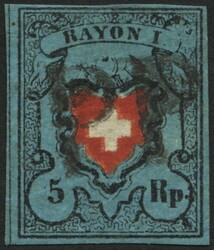 1850, 5 Rp. schwarz/zinnoberrot auf blau, ohne Kreuzeinfassung, ...