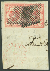 1852, 15 Rp. "kleine Ziffer" im waagerechten Paar, voll-breitrandig ...