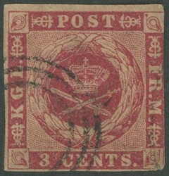 1856, 3 C. dunkelkarmin mit vollständigem braunen Gummi (Facit 1c), ...