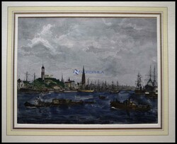 HAMBURG: Blick auf die Elbe und den Hamburger Hafen, kolorierter ...