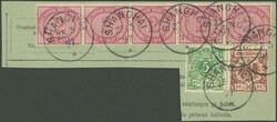 1897, Paketkartenabschnitt mit Fünferstreifen 2 M. und 5 und 50 Pf., ...
