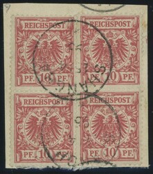 1896, 10 Pf. rosarot, 2 senkrechte Paare als Viererblock geklebt auf ...