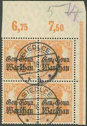 1916, 7 ½ orange, Plattendruck im rechten oberen Eckrandviererblock ...