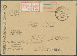 1946, Gebührenzettel "Taxe percue 75 Rpf" auf Brief von ...