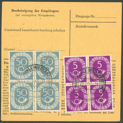 1953, 5 und 50 Pf. "Posthorn", je im zentrisch gestempelten ...