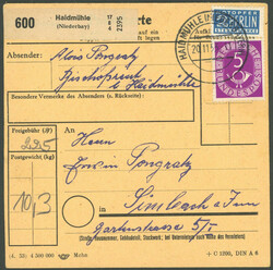 1953, 5 und 50 Pf. "Posthorn", je im zentrisch gestempelten ...