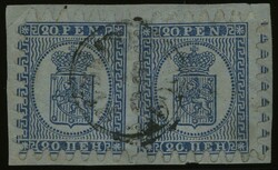 1866, 20 P. blau im waagerechten angetrennten Paar auf Briefstück, ...