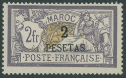 1902, 2 Pta. auf 2 Fr. violett/gelb, Falzrest, Pracht, Mi. 140.-