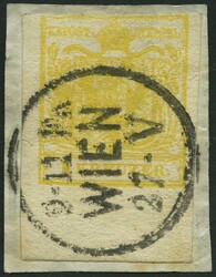 1850, 1 Kr. gelb, Handpapier, mit breitem Unterrand (8.5 mm), K1 ...