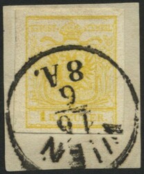 1854, 1 Kr. gelb, Maschinenpapier, breitrandiges Kabinettstück auf ...