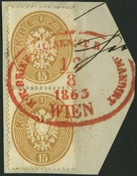 1863, 15 Kr. braun im senkrechten Paar auf Briefstück, roter ...