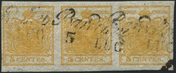 1850, 5 C. ockergelb, Handpapier, im waagerechten Dreierstreifen, L2 ...