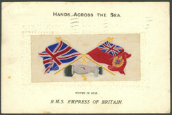 1907, 1 C. grün im Paar auf Seidenstickerei Ansichtskarte "Hands ...