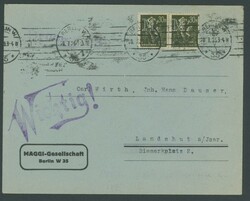 1923, 30 M. black olive in a horizontal pair as multiple franking ...