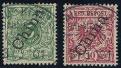1900, 5 and 10 Pf. steep overprint with railway cancel (TPO) KAUMI ...