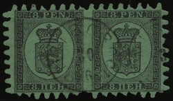 1866, 8 P. black on green in a horizontal pair with single circle ...