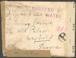 1943, Catastrophes letter to Sussex, with violet two-line cancel ...