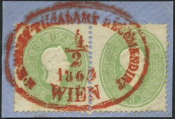 1863, 3 Kr. green in a horizontal pair on piece with red oval single ...