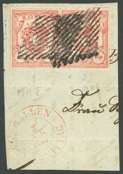 1852, 15 Rp large numeral in a horizontal pair, good to large margins ...