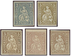 1861/62: Lot fünf ungezähnte Farbproben in versch. Farben der ...