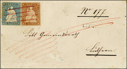 5 Rp. braun (ohne Seidenfaden) zus. mit 10 Rp. preussischblau (links ...