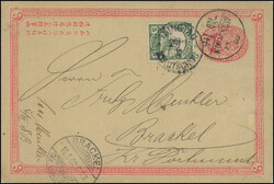 5 Pf. grün, übergehend gestempelt "TSINGTAU/KIAUTSCHOU 29/2 02" auf ...