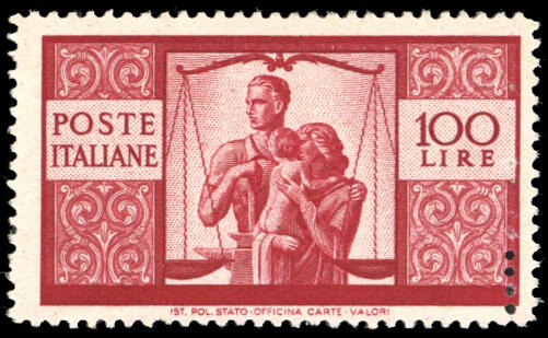 1946 - 100 lire Democratica, I lastra, dent. 14 x 14, carta grigia, ...