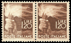 1945 - 1,20 lire Democratica, coppia orizzontale, il primo esemplare ...