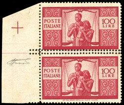 1946 - 100 lire Democratica, I lastra, dent. 14 x 14, coppia ...