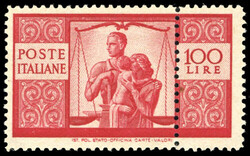 1946 - 100 lire Democratica, I lastra, dent. 14 x 14, doppia ...