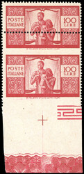 1946 - 100 lire Democratica, I lastra, dent. 14 x 14 1/4, carta ...