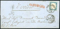 1856 - SARDEGNA, punti 9 - 20 cent. (15), perfetto, su lettera da ...
