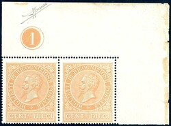 1874 - 10 cent. ocra arancio (1), coppia orizzontale, angolo di ...