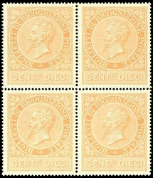 1874 - 10 cent. ocra arancio (1), ottima centratura, blocco di ...