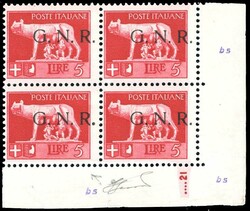 1943 - 5 lire, soprastampa G.N.R. di Brescia, I tipo, blocco di ...