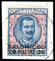 SALONICCO 1909 - 20 pi. su 5 lire soprastampato (7), perfetto, usato ...