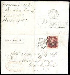 INDIA/GREAT BRITAIN 1871 - Forwarding agent cachet in red of BOWDEN ...