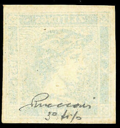 1855 - 3 cent. Mercurio azzurro, stampa decalcata al verso (3d), ...