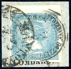 1851 - 3 cent. azzurro grigio, Mercurio, carta a coste verticali (6), ...