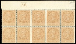 1874 - 10 cent. ocra arancio (1), eccezionale blocco di 10 esemplari, ...